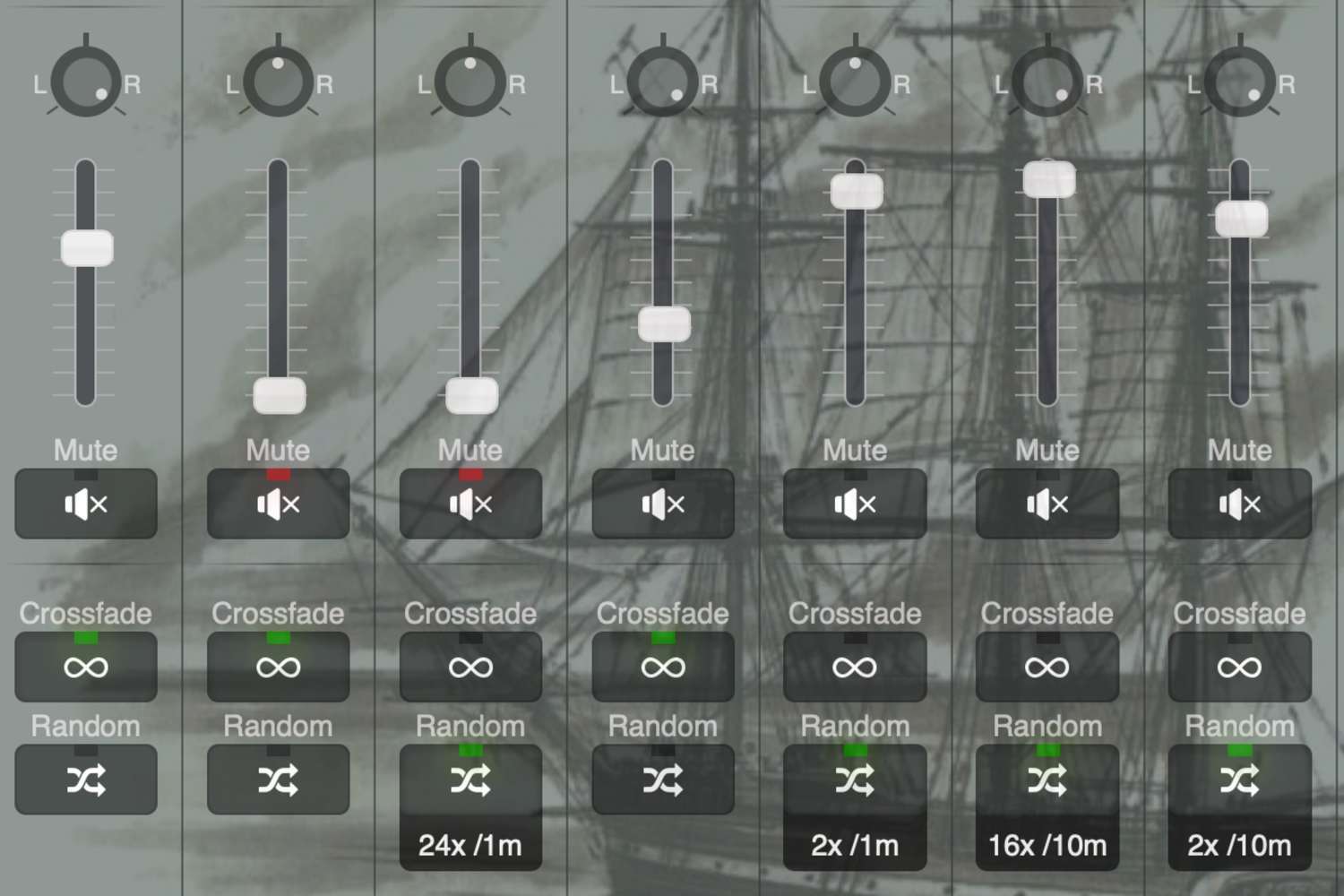 Ambient Mixer interface with individual audio channels, volume and pan controls